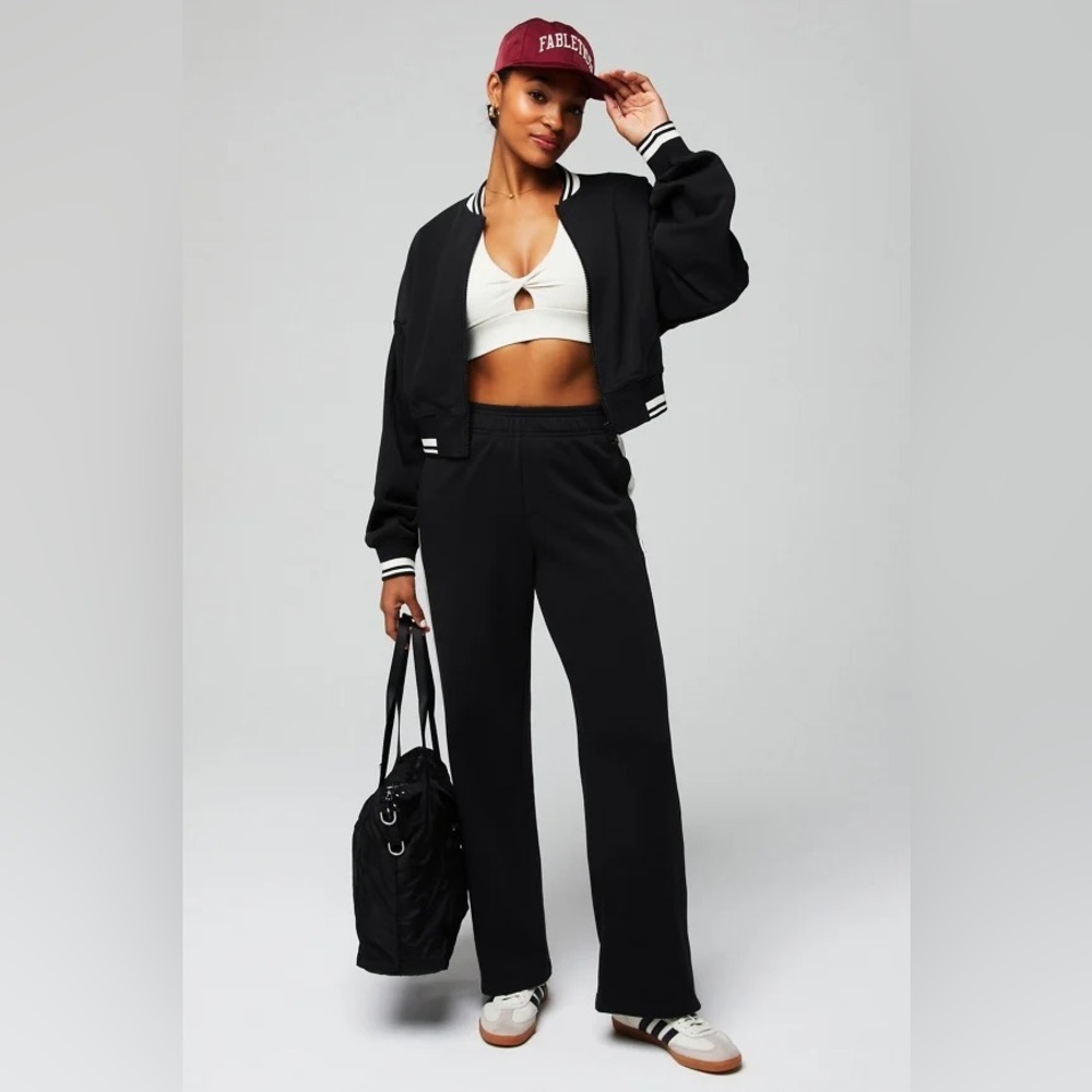 Fabletics Year Round Terry Bomber Full Zip Black Cream Graphic New